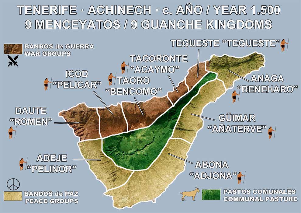 Tenerife divided into the Peace Groups (beige) and Guances Kingdoms (brown) during the Castilian conquest (Image:  Courtesy of Gustavo Sánchez Romero)