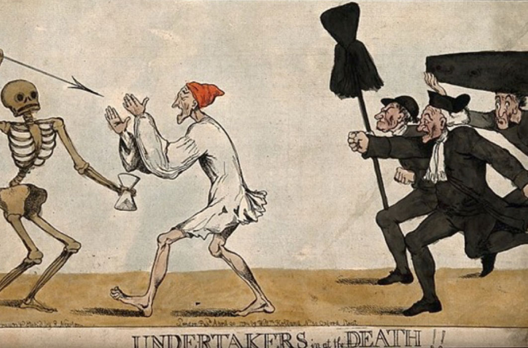 A man with closed eyes walking into a skeletal death figure, a group of anxious undertakers run after them. Coloured etching by R. Newton, 1794, after himself. (Wellcome Images / CC BY-SA 4.0)