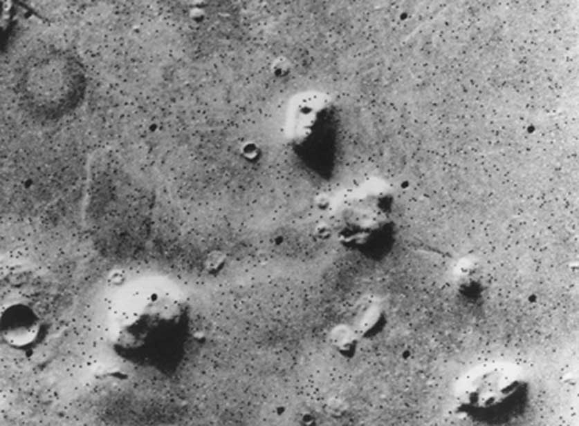 The Face on Mars was one of the most striking and remarkable images taken during the Viking missions to the red planet. Unmistakably resembling a human face, the image caused many to hypothesize that it was the work of an extraterrestrial civilization. Later images revealed that it was a mundane feature rendered face-like by the angle of the Sun.  Picture: NASA. (Public Domain)