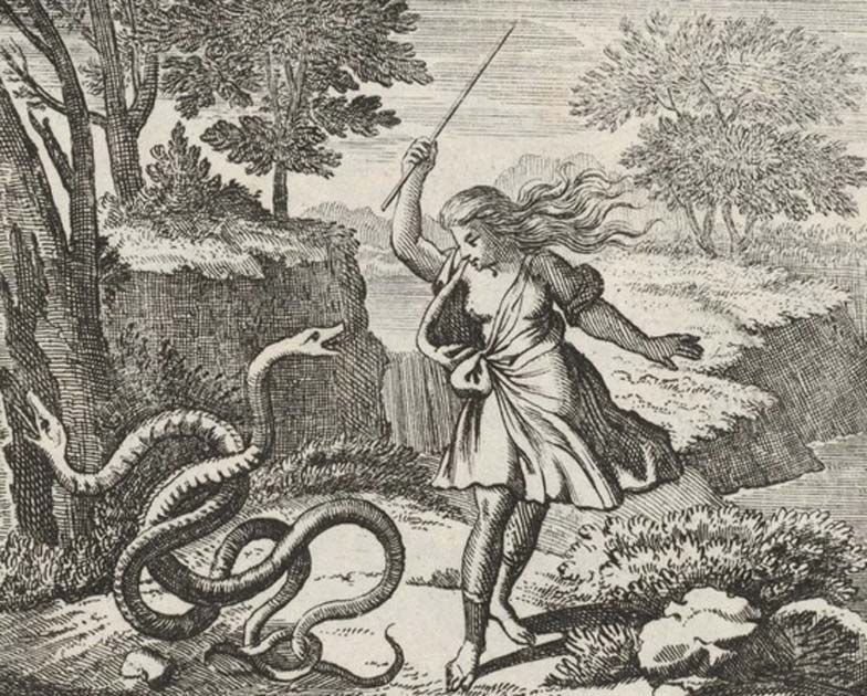 The Greek mythological prophet Tiresias is transformed into a woman by the goddess Hera, after striking two copulating snakes with a stick. Engraving taken from Die Verwandlungen des Ovidii: in zweyhundert und sechs- und zwantzig Kupffern (The metamorphoses of Ovid) by Johann Ulrich Krauss, circa 1690. (Public Domain)