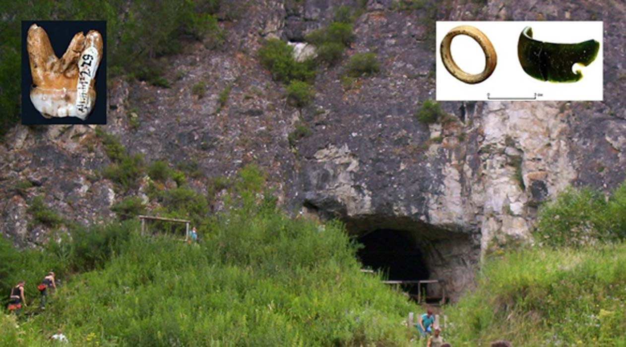 The Denisova Cave in the Altai Krai region of southern Siberia. Here over the last decade archaeologists have uncovered anatomical evidence of a previously unknown hominin today known as the Denisovans. Inset, left, one of the two huge Denisovan molars found in the cave’s layer 11 and, right, one of the pierced ostrich eggshell beads along with the fragment of choritolite bracelet found in the same layer of archaeological activity