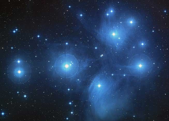 The Pleiades, an open cluster consisting of approximately 3,000 stars at a distance of 400 light-years (120 parsecs) from Earth in the constellation of Taurus. It is also known as "The Seven Sisters", or the astronomical designations NGC 1432/35 and M45. 