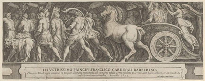 The Triumph of Two Roman Emperors (left-hand side) with a Roman Emperor riding in a triumphal chariot. Metropolitan Museum of Art (Public Domain)