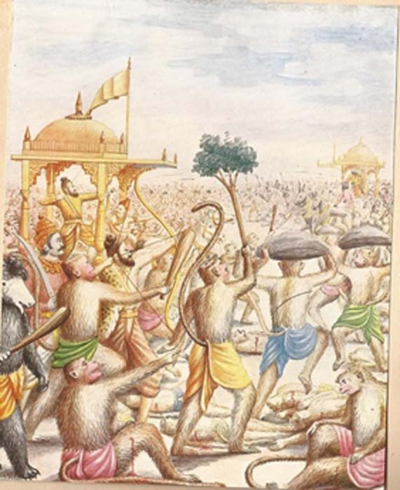 The battle between Ravana, King of the Rakshasas and the army of Vanaras (monkeys) by Balasaheb Pant Pratinidhi (1916) (Public Domain)