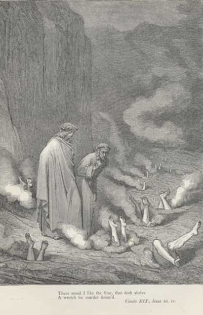 The bolonia of the simoniacs, as in Dante’s Inferno, illustration by Gustave Doré (Public Domain)