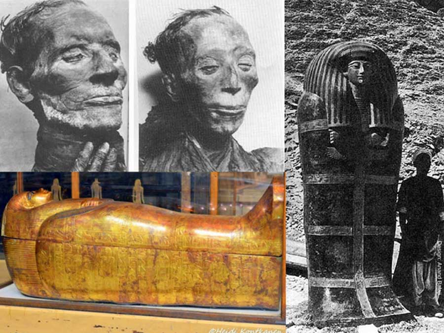 (Clockwise) The excellent state of preservation of the mummies of Yuya and Tjuyu bear testimony to the skill of 18th-Dynasty embalmers; an excavation assistant stands beside the 2.75 meter outermost coffin of Yuya shortly after its discovery (Public Domain); this, the most perfectly preserved and beautiful of the series of seven anthropoid coffins of Tuya, is, except for the eyes and the necklace, entirely covered in gold. Egyptian Museum, Cairo. (Photo: Heidi Kontkanen)