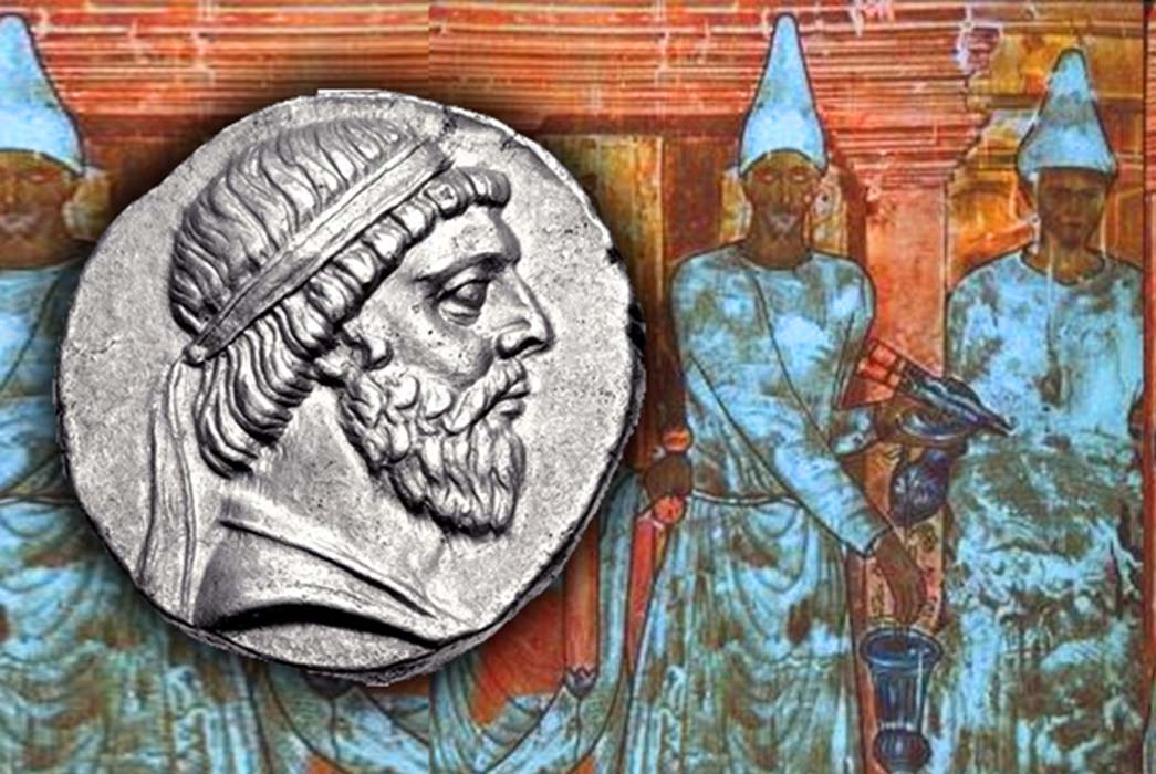 Coin of Mithridates I of Parthia (Classical Numismatic Group, Inc. http://www.cngcoins.com/CC BY-SA 3.0) and illustration depicting a sacrifice being made on behalf of a family, by the chief priest Conon and two assistants, first century AD. Graeco-Iranian style (Public Domain).;Deriv.