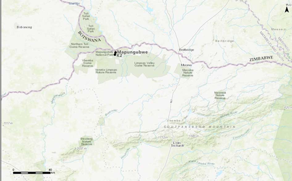 The location of Mapungubwe and K2 at the border between South Africa, Botswana and Zimbabwe (Image: A Antonites)