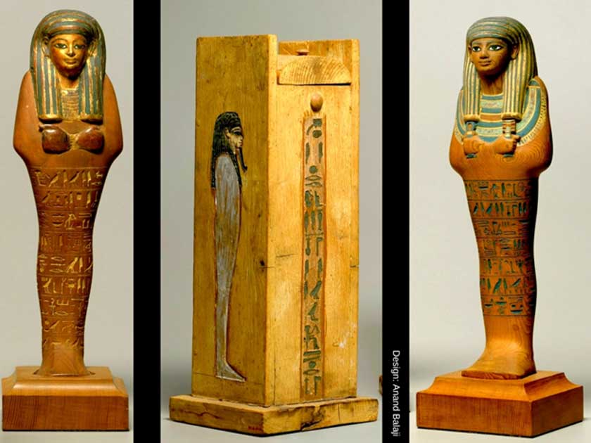 These superb, partially gilded and painted cedar shabtis of Yuya, father-in-law of Amenhotep III, were discovered during excavations by Quibell and Weigall in 1905. (Center) Shabti box of Yuya. Metropolitan Museum of Art, New York.