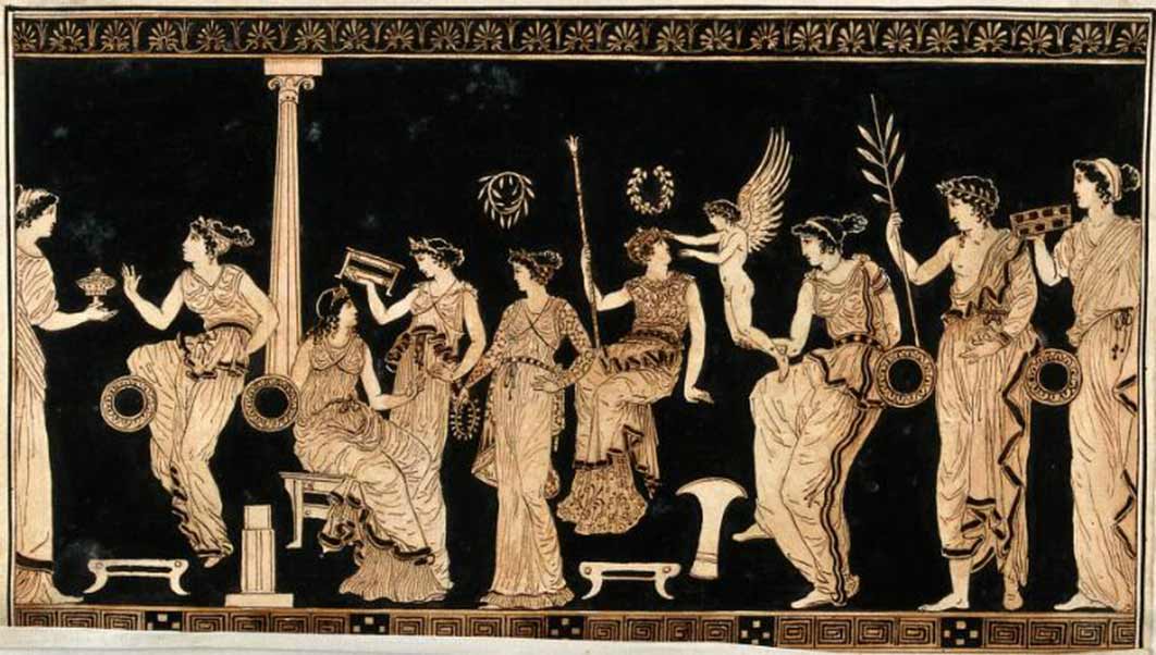 Detail of a frieze decorating a Greek red-figured vessel (probably a vase) representing a group of richly dressed young women and a seated woman holding a sceptre (Athena ?). Watercolour by A. Dahlsteen, 1760 (Wellcome Images)