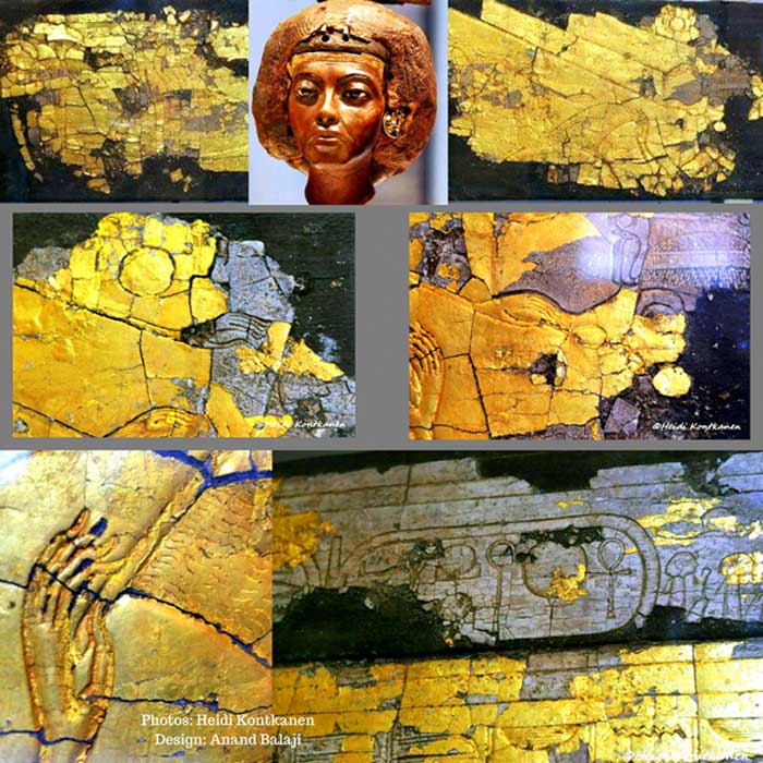 This collage shows details of the three surviving planks of Queen Tiye's wooden shrine from KV55; made of wood, gesso and gold leaf. Egyptian Museum, Cairo. (Top) Head of a statuette of Tiye made of yew wood with silver, gold and glass. Neues Museum, Berlin.