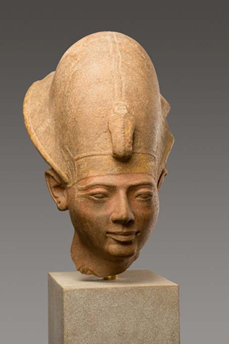 This elegant quartzite head wearing the Blue Crown originally belonged with the body of a statue that still stands in the great Hypostyle Hall of the Temple of Amun at Karnak; the inscriptions show that it had been carved for the short rule of King Amenmesse. Following Merenptah, Amenmesse had apparently seized the throne from the rightful heir, Seti II who was subsequently able to retake the throne. Later, he reinscribed this statue, like most of the others carved for Amenmesse, with his own name. (Metropolitan Museum of Art)
