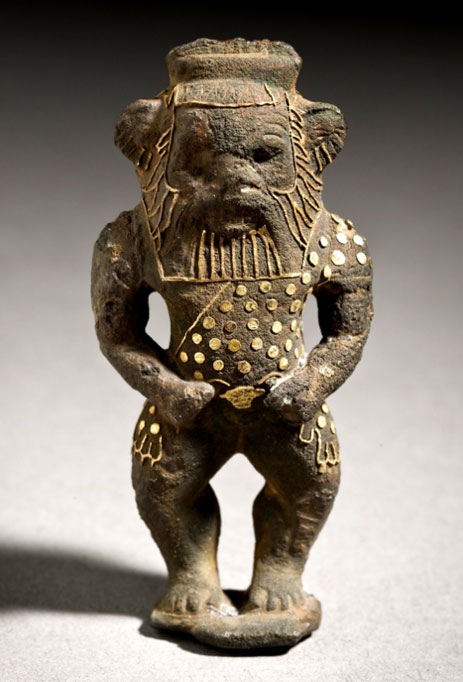 This exquisite figurine of the protector-deity Bes is made of Bronze with gold inlays. Bes was particularly popular among women and children. Third Intermediate Period. Los Angeles County Museum of Art.