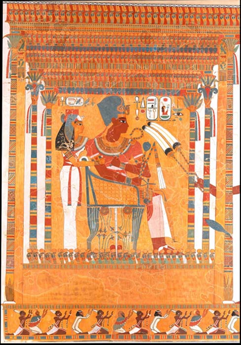 This facsimile painting copies the focal point of an offering scene in the tomb of an unknown official (TT 226) at Thebes. It represents Amenhotep III enthroned beneath a kiosk. His mother, Mutemwiya, stands behind him. Beneath the kiosk is a row of foreigners from Nubia and western Asia who praise the king with upraised arms. Nina de Garis Davies. Metropolitan Museum of Art, New York.