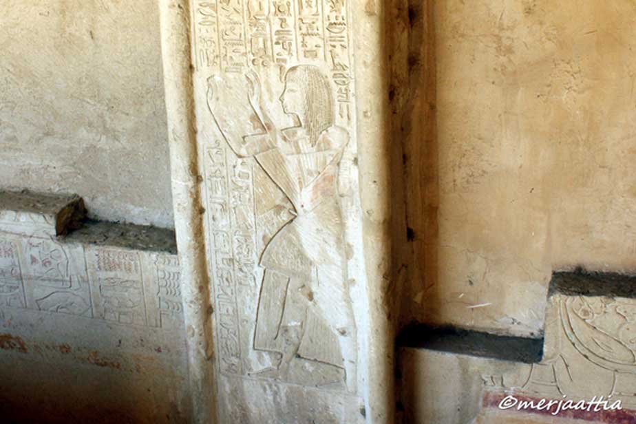 This limestone pilaster depicts Horemheb with his hands raised in prayer. The Generalissimo’s first tomb in Saqqara was destined never to be utilized, for he died a pharaoh, and as was his prerogative, chose the Valley of the Kings as his burial site.