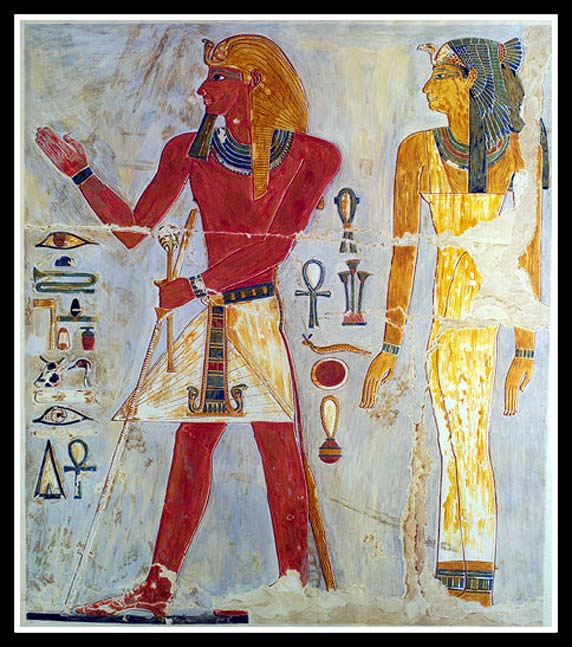 Thutmose I and his mother Seniseneb are depicted in this painted relief from the Chapel of Anubis in the mortuary temple of Pharaoh Hatshepsut. This is a facsimile by Nina de Garis Davies (1881–1965). Tempera on paper. Deir el-Bahri. Metropolitan Museum of Art, New York.