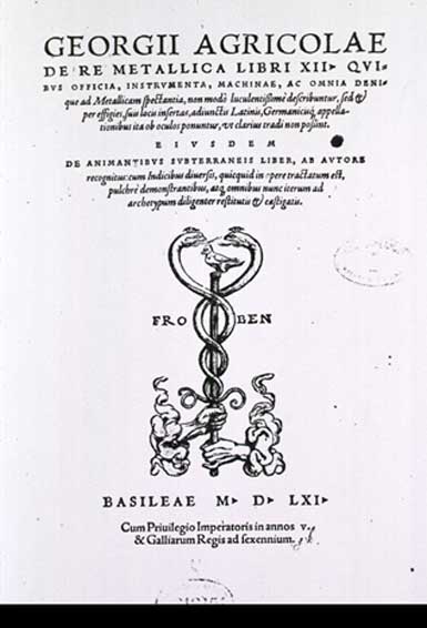 Title page of De Re Metallica by Georgius Agricola, published 1556. (Public Domain)