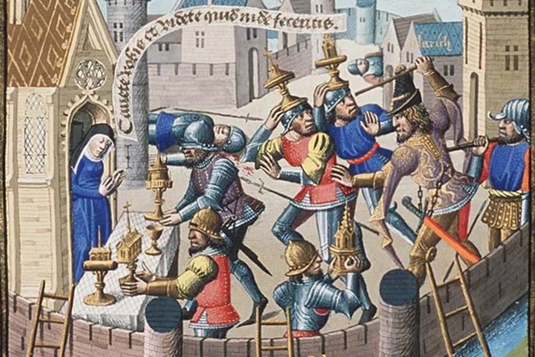 Sack of Rome by Alaric - sacred vessels are brought to a church for safety in Augustine, La Cité de Dieu (circa 1475) (Public Domain)