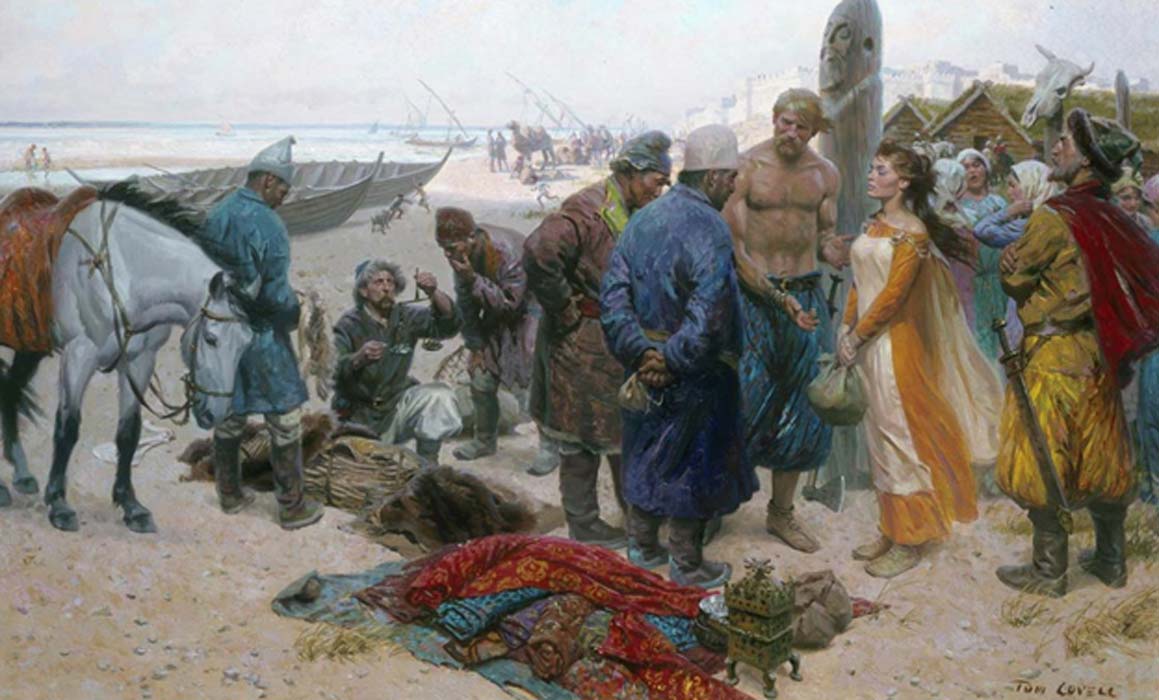 A Viking offers a slave girl to a Persian merchant. 