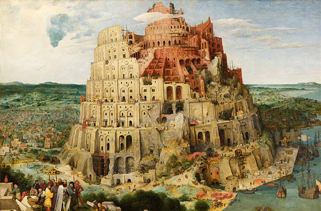 Pieter Bruegel's The Tower of Babel depicts a traditional Nimrod inspecting stonemasons. (1563) (Public Domain)