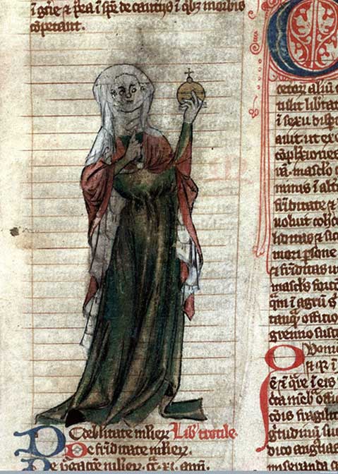 "Trotula", clothed in red and green with a white headdress, holding an orb. (Miscellanea medica XVIII), early 14th century (France), a copy of the intermediate Trotula ensemble
