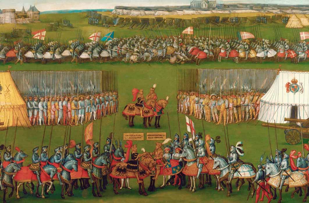 Encounter between Maximilian I, Holy Roman Emperor and Henry VIII. In the background is depicted the Battle of the Spurs against Louis XII of France. (Public Domain)