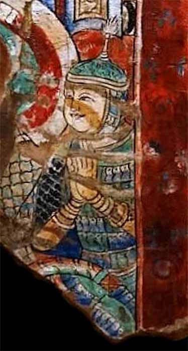 Turkic warrior in a mural from Tumxuk (Public Domain)