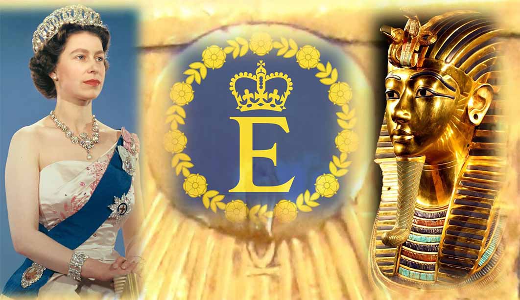 Official portrait of Queen Elizabeth II before the start of her 1959 tour (CC BY-SA 2.0) The funerary mask of Tutankhamun, found by Howard Carter ( Roland Unger/ CC BY-SA 3.0 ) Emblem of the Platinum Jubilee of Her Majesty The Queen, Elizabeth II. (Public Domain) Compilation by Jonathon Perrin.