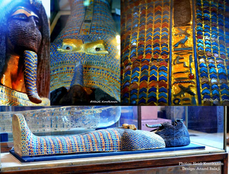 Various views of the splendid KV55 coffin with the cartouche naming the owner excised and the sheet gold face torn away. Its rishi-style is mirrored by the second anthropoid coffin of Tutankhamun. Egyptian Museum, Cairo.