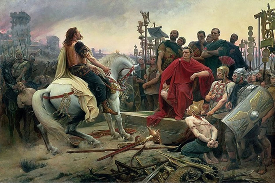Vercingetorix throws down his arms at the feet of Julius Caesar, by Lionel Royer (1899). Painting depicts the surrender of the Gallic chieftain after the Battle of Alesia in 54 BC. (Public Domain).