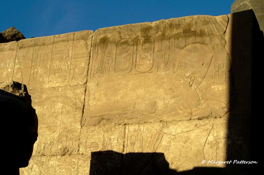 When he came to the throne, Pharaoh Horemheb lost no time in dismantling the Amarna religious apparatus; and with it, the memory of those who were involved in the promotion of Atenism. Here, the king is depicted in a wall relief on the back of the Second Pylon at Karnak Temple. Image of Tutankhamun, with cartouches usurped by Horemheb, on the inner face of the west gateway into the Colonnade Hall of Luxor Temple.