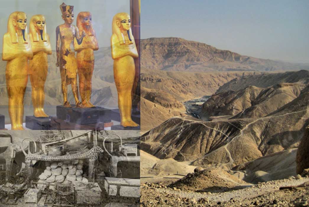 This collage shows the Valley of the Kings, statuettes of funerary deities and the Antechamber of the tomb of Tutankhamun.
