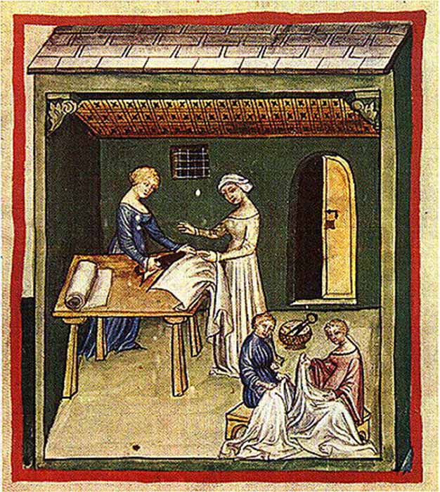 Women sewing linen clothing and bed linen. From the Tacuinum of Vienna (Public Domain)