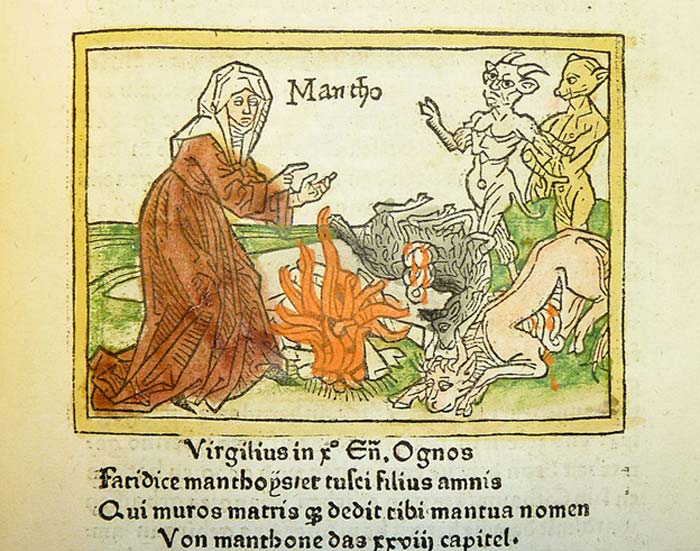 Woodcut illustration of Manto, daughter of Tiresias, by Heinrich Steinhöwel of Giovanni Boccaccio's De mulieribus claris, printed by Johannes Zainer at Ulm ca. 1474 (CC BY-SA, 2.0)