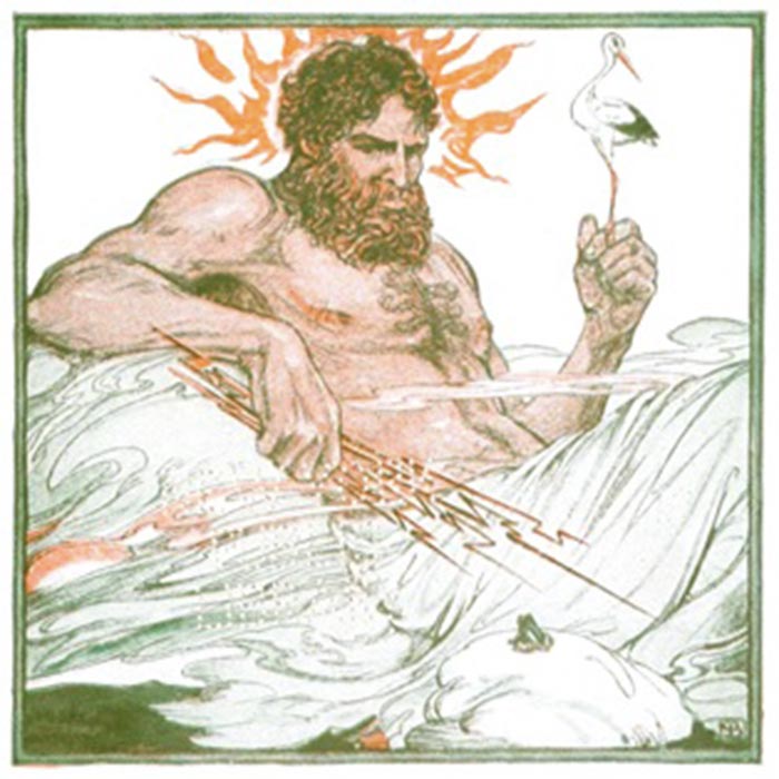 Zeus, with his thunder bolts by P. Bransom in An Argosy of Fables (1921) (Public Domain)