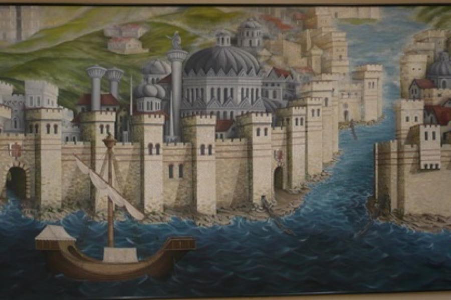 A mural in the Istanbul Archaeology Museums depicting the seaward walls of the Byzantine capital, the Golden Horn with its chains and the Genoese Colony of Galata in the 14th-15th centuries. (Argos'Dad / CC BY-SA 3.0)