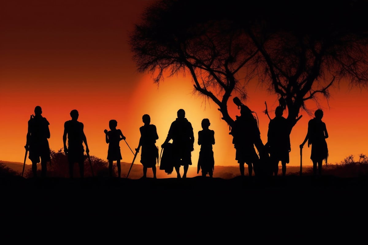 Silhouettes of African aborigines at sunset.