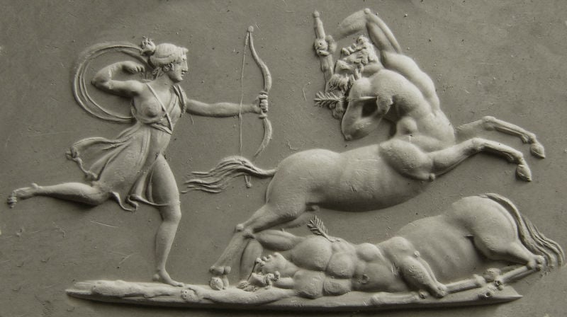 An engraving of Atalanta killing the centaurs, Hyleos and Rhoecos.