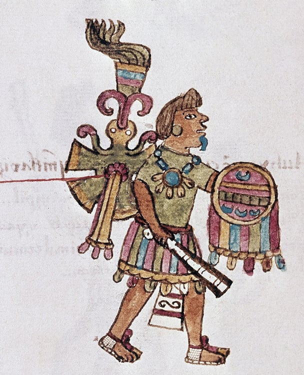 A Mexica, or Aztec warrior, wearing butterfly shaped ceremonial gear. 