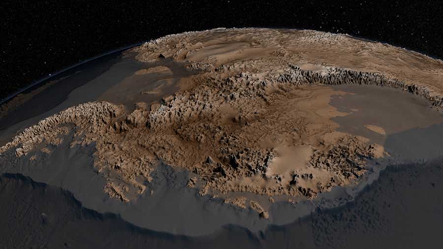 The bedrock topography of Antarctica, critical to understand dynamic motion of the continental ice sheets (NASA/Public Domain)