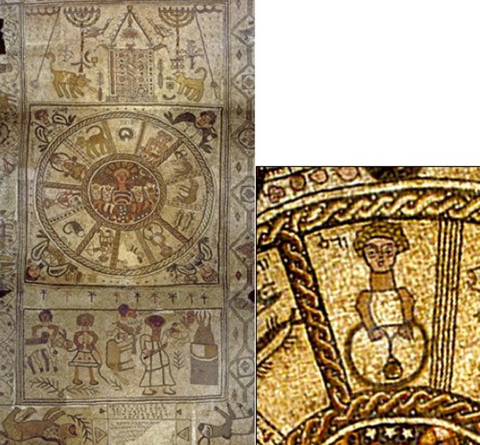 On the left, the zodiac of the mosaic floor of the Bet Alfa synagogue, on the eastern edge of the Jezreel Valley, Israel. (Public Domain) In the sign of the Aquarius, here reported upside down on the right, some scholars have recognized the use of a 'divinatoria virga' to find water.