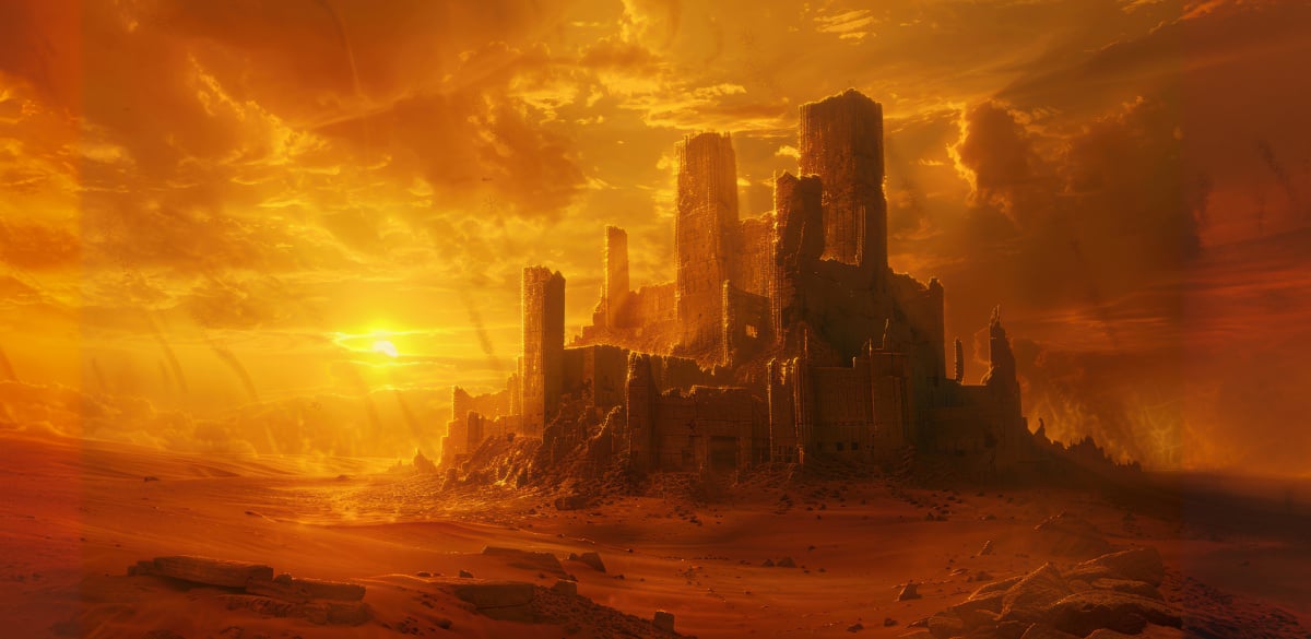 Ruins of a desert city at sunset.