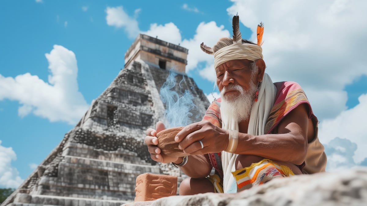 AI image of a South American man preparing for a traditional ceremony at an Aztec pyramid.