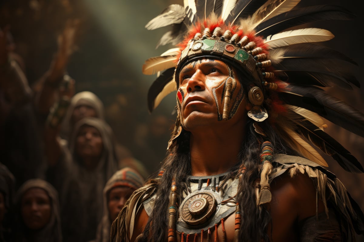 Portrait of a man dressed like Moctezuma.