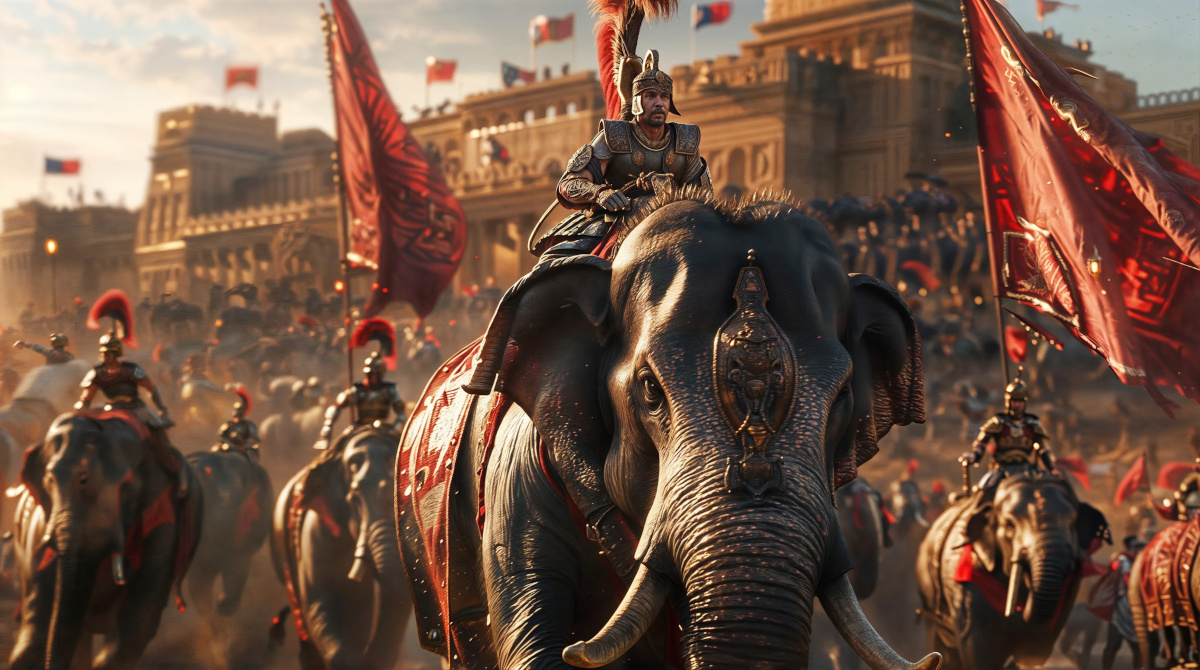 AI image of Roman military with war elephants.