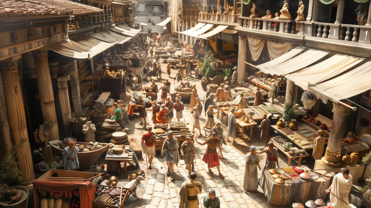 Bustling Roman marketplace.