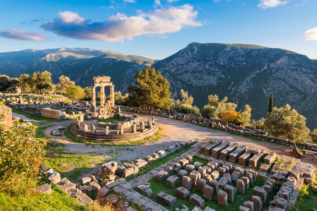 Temple of Athena Pronaia in ancient Delphi, Greece.