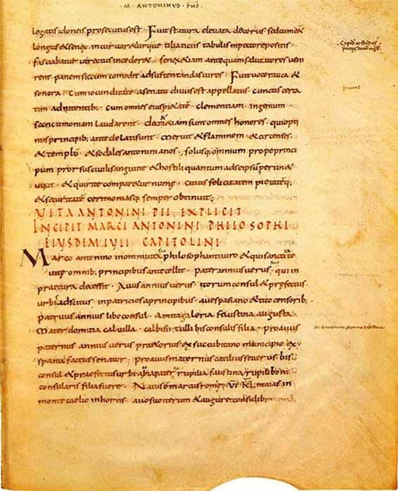 A page of the earliest manuscript of the Historia Augusta - end of the Life of Antoninus Pius und beginning of the Life of Marcus Aurelius, brother of Lucius Verus. (AnchorPublic Domain)