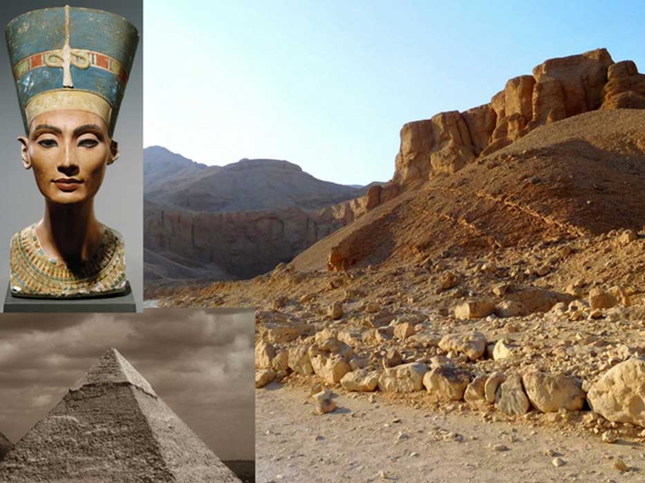 (Top left) Detail of the world’s most famous painted stucco-coated limestone bust. Queen Nefertiti, the ‘Great Royal Wife’ of Akhenaten was one of the most powerful women in her time. Egyptian Museum, Berlin. (Right) If foundation deposits and radar scans are right, a new royal tomb could soon be uncovered in the Western Valley. (Bottom left) The Great Pyramid, built by the fourth dynasty Pharaoh Khufu towers over the Giza plateau.