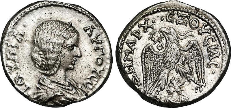 A coin with Julia Domna on top. 